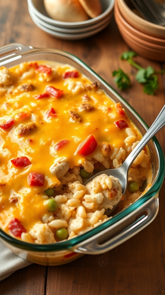 A delicious chicken and rice casserole topped with melted cheese and mixed vegetables in a glass dish.